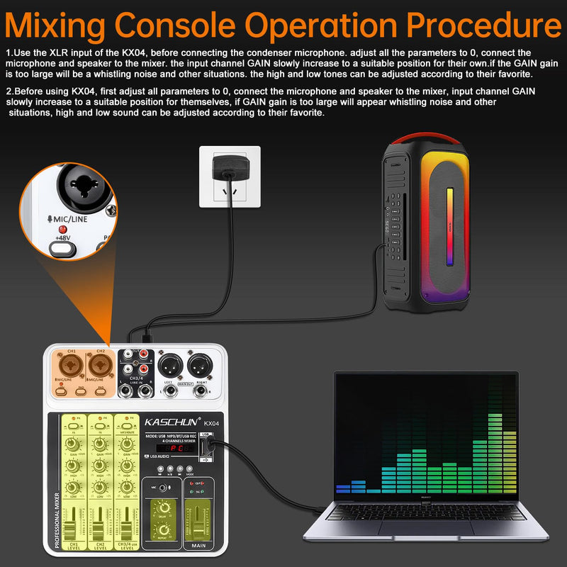 [AUSTRALIA] - Professional DJ audio mixer, 4-channel DJ mixer, Bluetooth sound mixer, supports USB/MP3/BT computer input, 48V phantom power stereo studio audio mixer suitable for DJ studio streaming recording KX04 