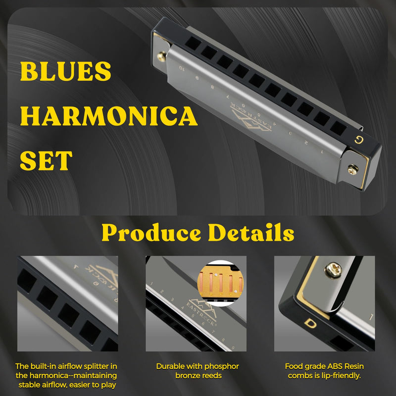 [AUSTRALIA] - EASTROCK Harmonica Set of 7, 10 Holes Blues Harp Mouth Organ Harmonica Set with 7 keys, C D E F G A Bb Key, Diatonic Harmonica for Professional Player, Beginner, Students gifts, Adult, Friends, Gift 7key-bk 