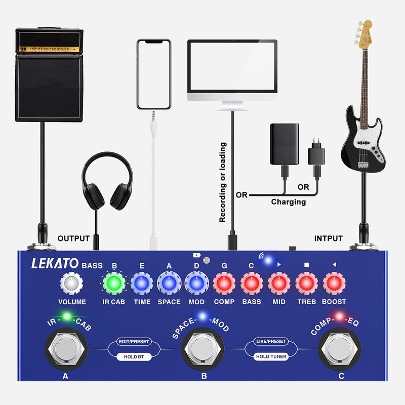 LEKATO Bass Multi Effects Pedal, Guiter Peda with IR Loading 9 AMP Models, Delay Reverb Chorus, Multi Effects Processor for Bass, Bluetooth 5.0,Recording, Built-in Battery For Bass Guitar
