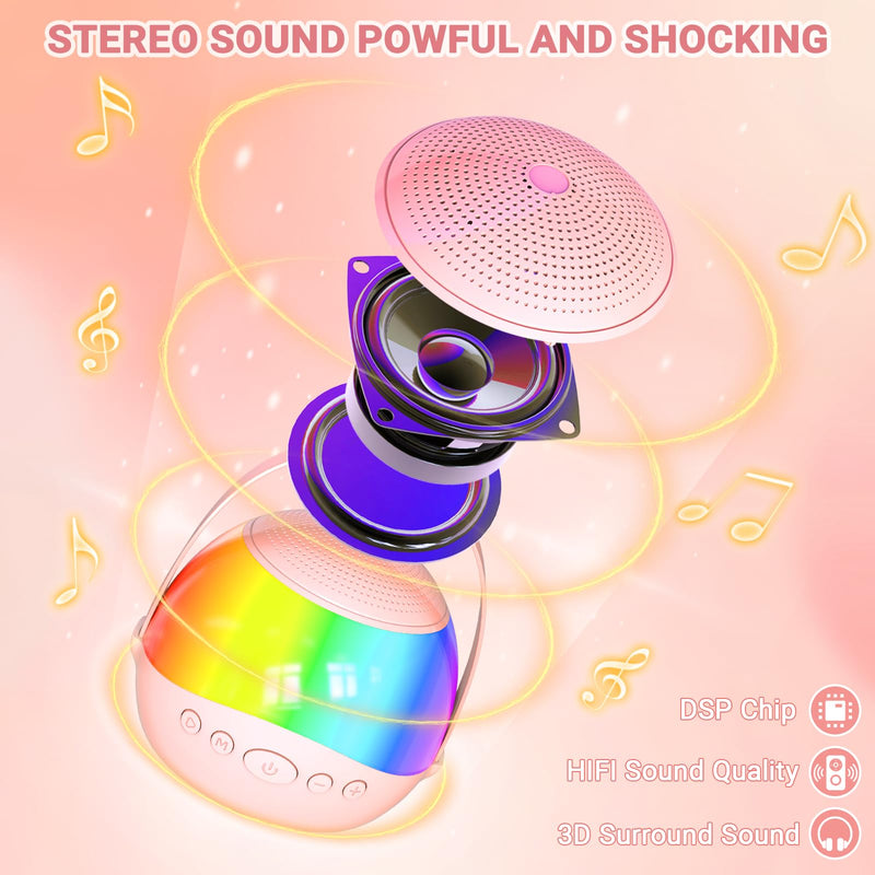 2025 New Mini Karaoke Machine Speaker for Kids Adults,Portable Bluetooth Speaker with 2 Wireless Mics,Colorful LED Lights, Home Travel & Party Play Gifts for Boys Girls (Pink) Pink