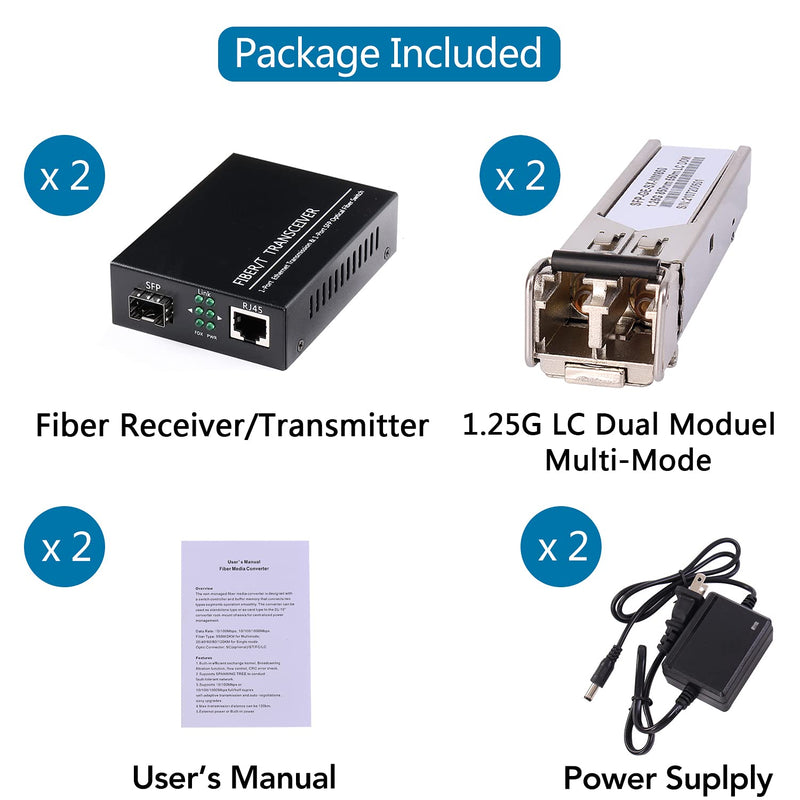 A Pair of 1.25G/s Bidi Gigabit Multi-Mode Fiber Ethernet Media Converter with 2PCS Bidi SFP LC Dual Transceiver Module Included, 10/100/1000Base-Tx to 1000Base-SX SMF RJ45 to SFP Slot up to 550M Include MultiMode LC Dual Port