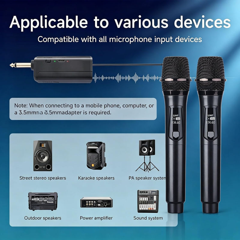 UHF Wireless Karaoke Microphone, Handheld Mics System,200 Feet | UHF stable signal, 2 rechargeable mics, plug & play receiver, 1/4" & 3.5mm output, for karaoke singing speech wedding party