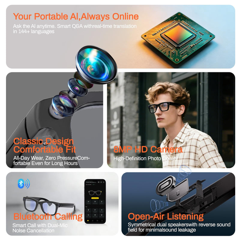 AI Smart Glasses, 8MP Camera Glasses and Audio, AI Translation Sunglasses for Men & Women, Bluetooth Glasses with Voice/Calling, 8 Hours of Music, Photochromic Lenses Photochromic:Transparent to Gray