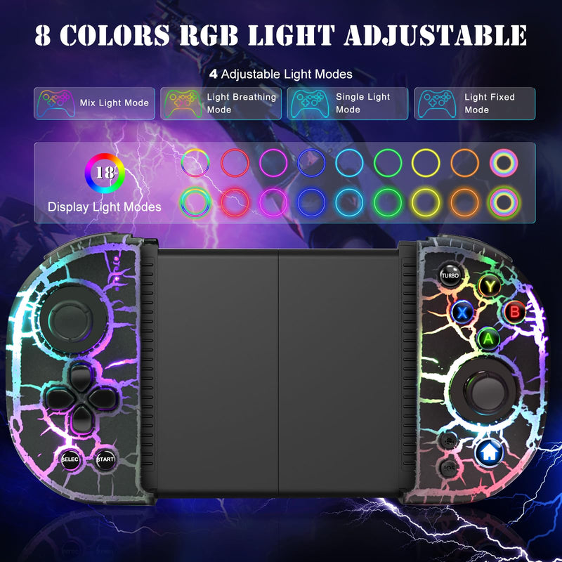 RGB Cracked Gaming Controller for iPhone Android PC iOS Wireless Gamepad Joystick for iPhone 15/14/13/12/X, iPad, Galaxy S23/S22/S21, TCL, LG, Tablet, Turbo, 18 Color LED, Call of duty, Direct Play RGB cracked
