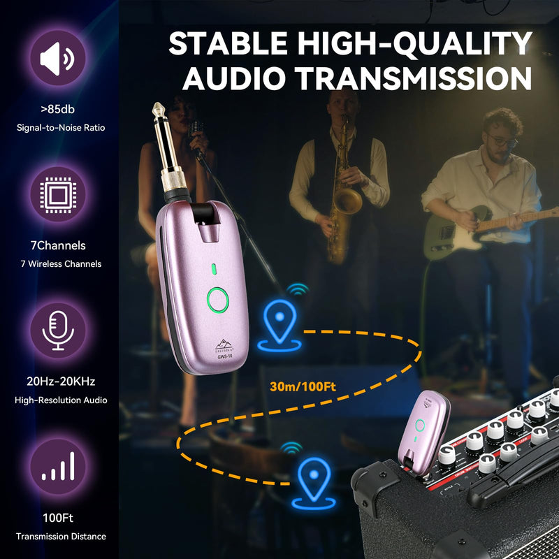 EASTROCK Wireless Guitar System – Purple, UHF 7-Channel Rechargeable Transmitter & Receiver, 6H Battery, 1/4” & 1/8” Plug for Guitar & Bass