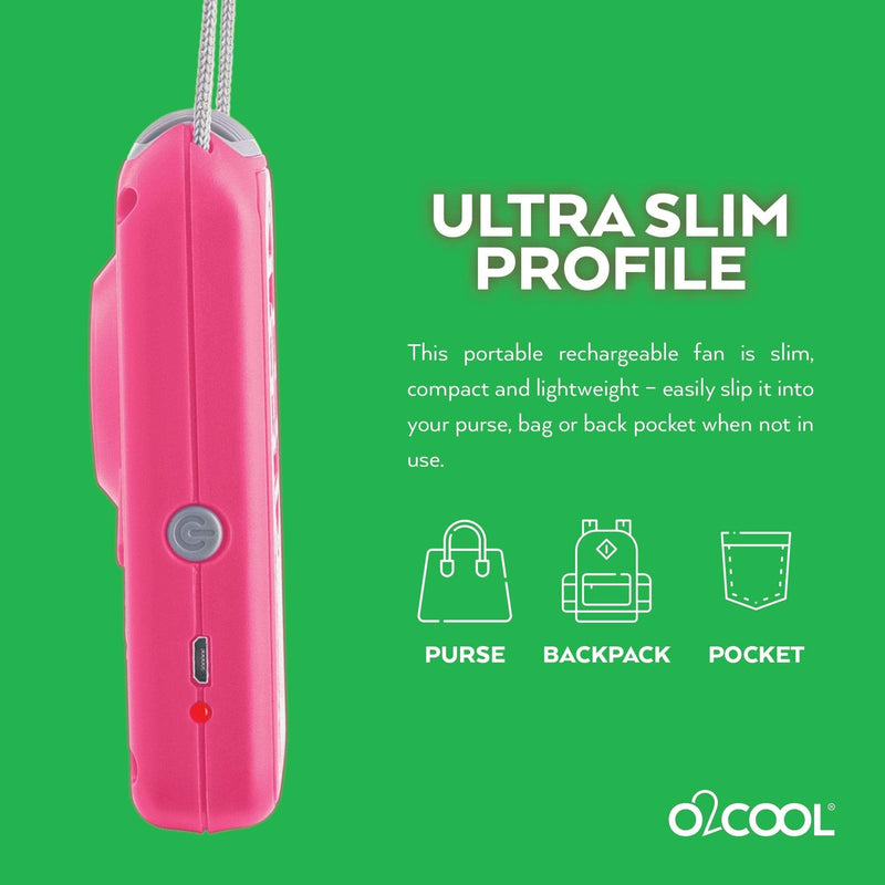 O2COOL Rechargeable Necklace Fan - Portable Hanging Neck Fan with Adjustable Lanyard - 3 Speed Vertical Air Flow – Micro USB Charging Cable Included (Raspberry) Raspberry