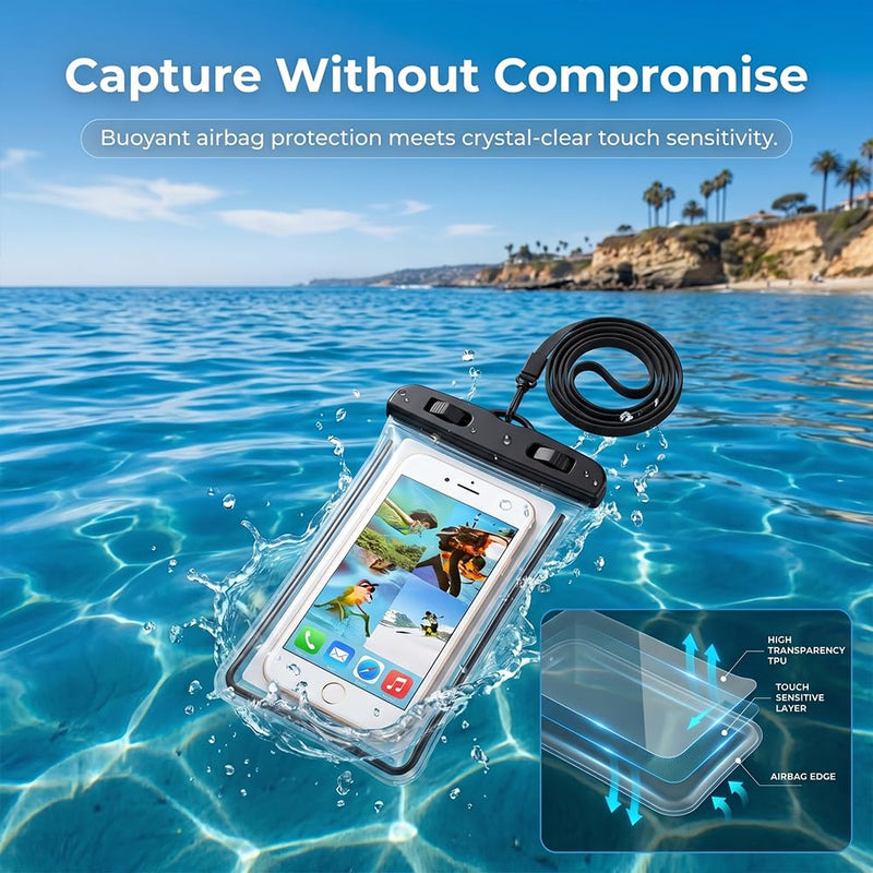 2pcs Waterproof Phone Pouch, Beach Accessories, Dual Lock Sealed Transparent Touchscreen Dry Bag for Swimming Rafting Fishing (Black, Whtie)