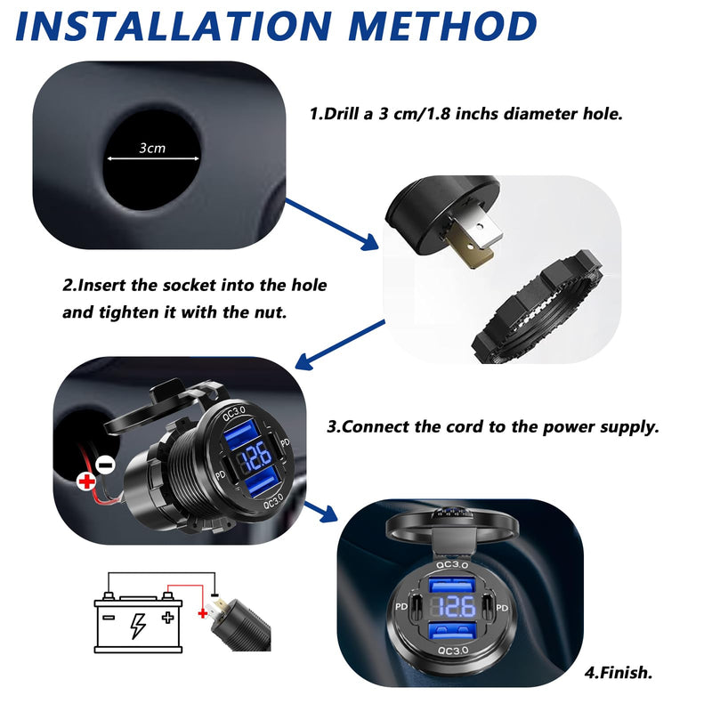 2PCS, Dual PD USB C Ports & Dual Quick Charge 3.0 Ports Car Charger Socket, VANONE Aluminum Alloy Waterproof 12V USB Outlet, Accessories for Car Boat Marine Motorcycle RV ATV Truck Golf Cart GSG2023-1M