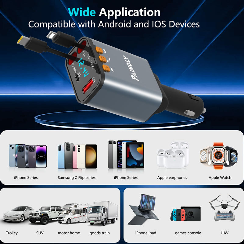 [AUSTRALIA] - Bluetooth 5.3 Car Adapter, FM Transmitter Bluetooth Car Charger, 4 in 1 Retractable Car Charger, Phone USB C PD Fast Charging Adapter for RV SUV Truck, Fit iPhone 17/16/15/14 (Type C & Lightning) Grey 