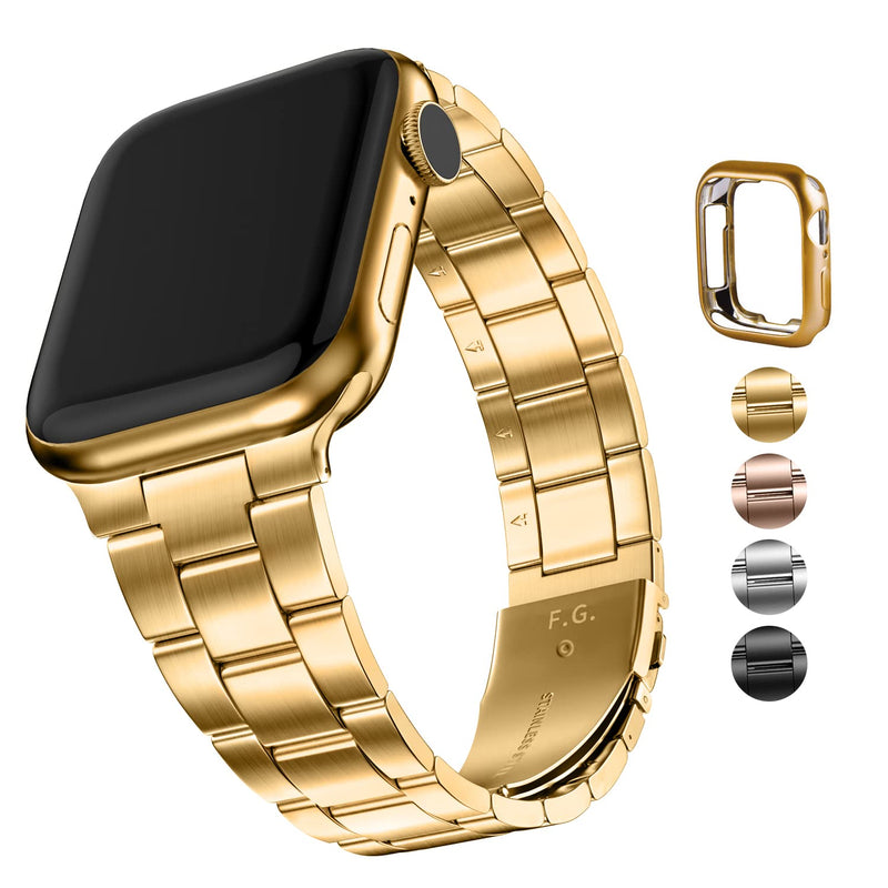 Fullmosa No-Tool Needed Band Compatible Apple Watch Band with Case 49mm 45mm 44mm 42mm Golden & Stainless Steel iWatch Band with Case 42mm 44mm 45mm Silver
