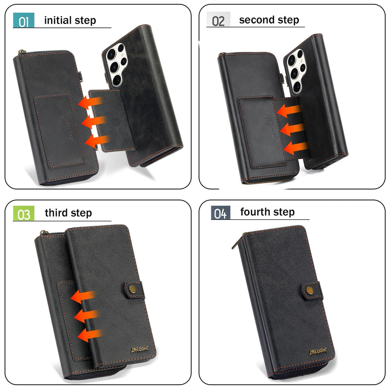 for Samsung Galaxy S24 Ultra Wallet Case,Multi-Function Wallet Case, Detachable 3 in 1 Magnetic Galaxy S24 Ultra Case Wallet,Flip Strap Zipper Card Holder Phone Case with Shoulder Straps(Black) Black