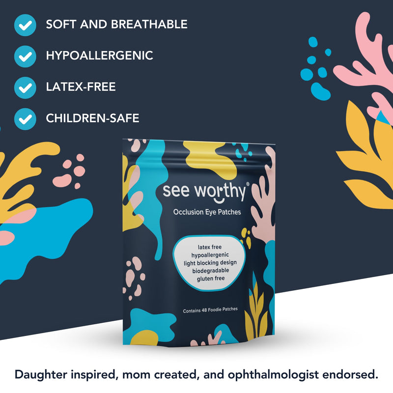 See Worthy Foodie Eye Patches - Innovative, Smart Adhesive Technology - Breathable & Comfortable Eyepatch for Lazy Eye - Soft Eye Patches, Concave Shape & Fun Designs (48 per Box) Packaging May Vary O