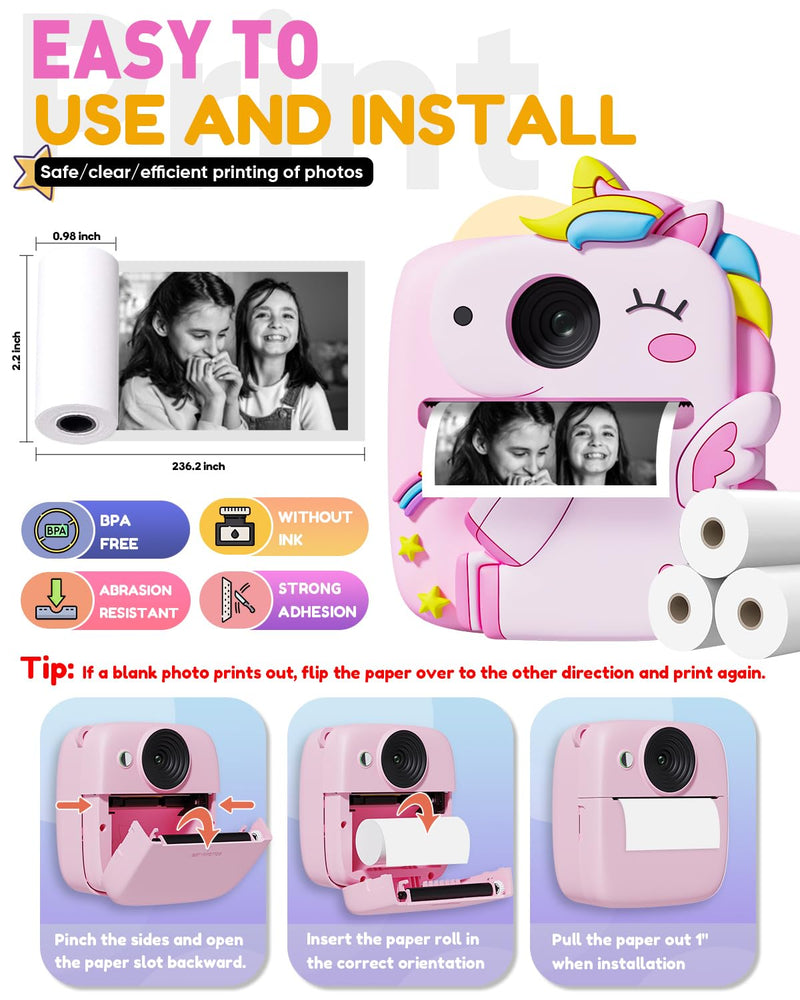 Instant Print Camera for Kids, Christmas Birthday Gifts for 3-8 Year Old Boys Girls, 1080P Kids Digital Camera Toys for Kids Age 3 4 5 6 7 8 with Silicone Cover-Pink Pink