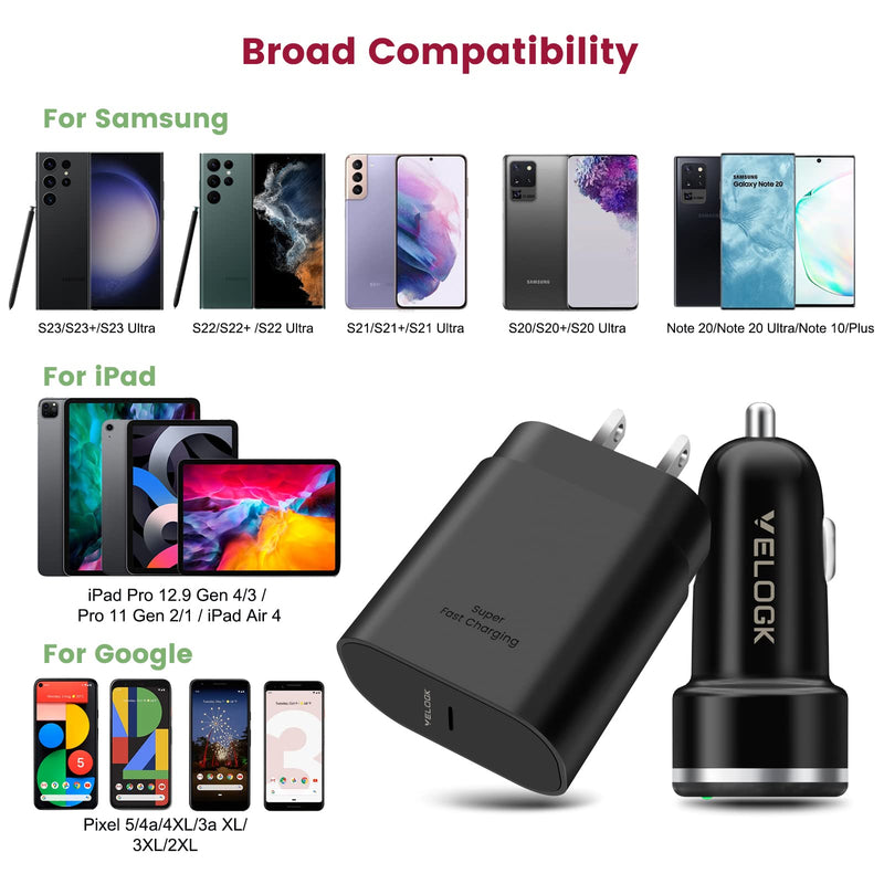 Super Fast Charger Type C Kit, VELOGK 25W PD PPS USB C Wall/Car Charger for Samsung Galaxy S24/S23 Ultra/S23+/S23/S22/S21/S20/Plus/Ultra/FE/Note 20/A71, iPad Pro, with 2X Nylon USB C-to-C Cable(3.3ft) 3.3ft