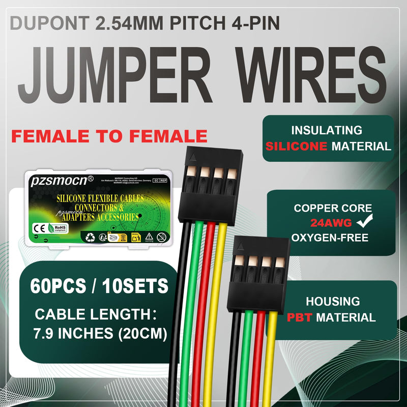 [AUSTRALIA] - Silicone Flexible Jumper Wires Breadboard 24AWG 20cm Long 10 Sets / 60 Pcs for Dupont 2.54 mm Pitch Connector 4-Pin Black Female-Female Header Solderless Electronic Adapter Ribbon Cable Female to Female 