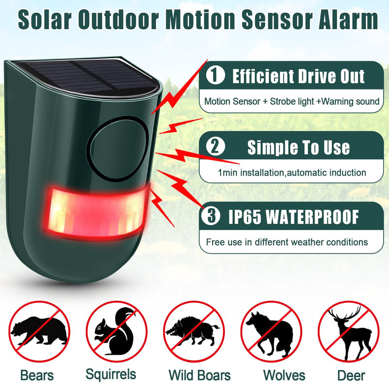 Qualirey Solar Sound and Light Alarm Motion Sensor 129db Outdoor Security Siren Waterproof Activated Detector Driveway Alarm 6 LEDs Flash Warning Deterrent Strobe System for Home, Farm(Green,4 Pack) 4 Green