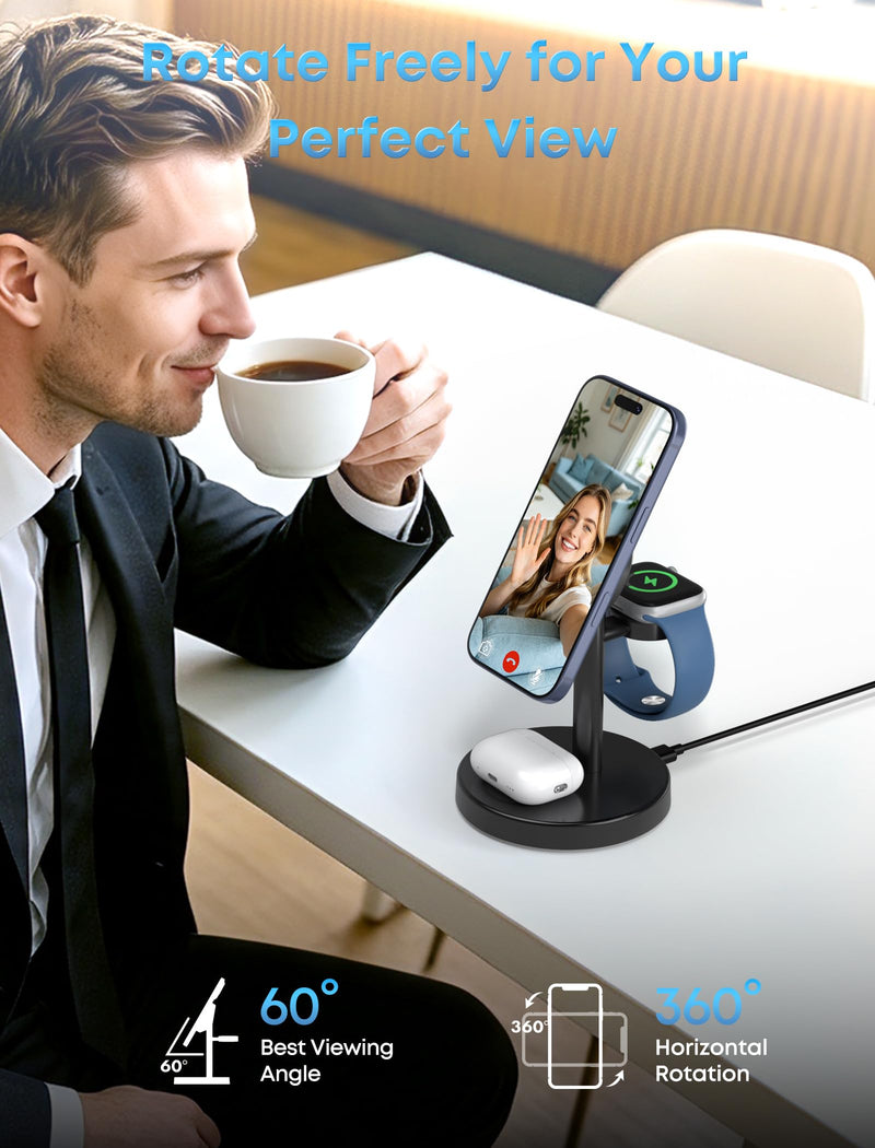Aeinidi 25W 3 in 1 Wireless Fast Charging Station for Apple MagSafe Charger | Strong Magnetic Cool Charging Stand for iPhone 17 16 15 14 13 12, Apple Watch & AirPods, 45W Adapter Included Classic Black