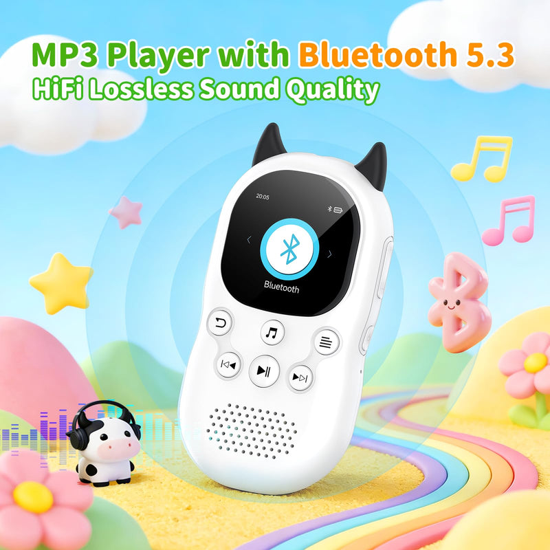 [AUSTRALIA] - 64GB mp3 Player for Kids with Bluetooth 5.3,Child Music Player with Speaker, FM Radio, Voice Recorder, Alarm Clock, Stopwatch, One Click to Play, Expandable up to 128GB,Cute Cow Shape, Free Lanyard Off-white 