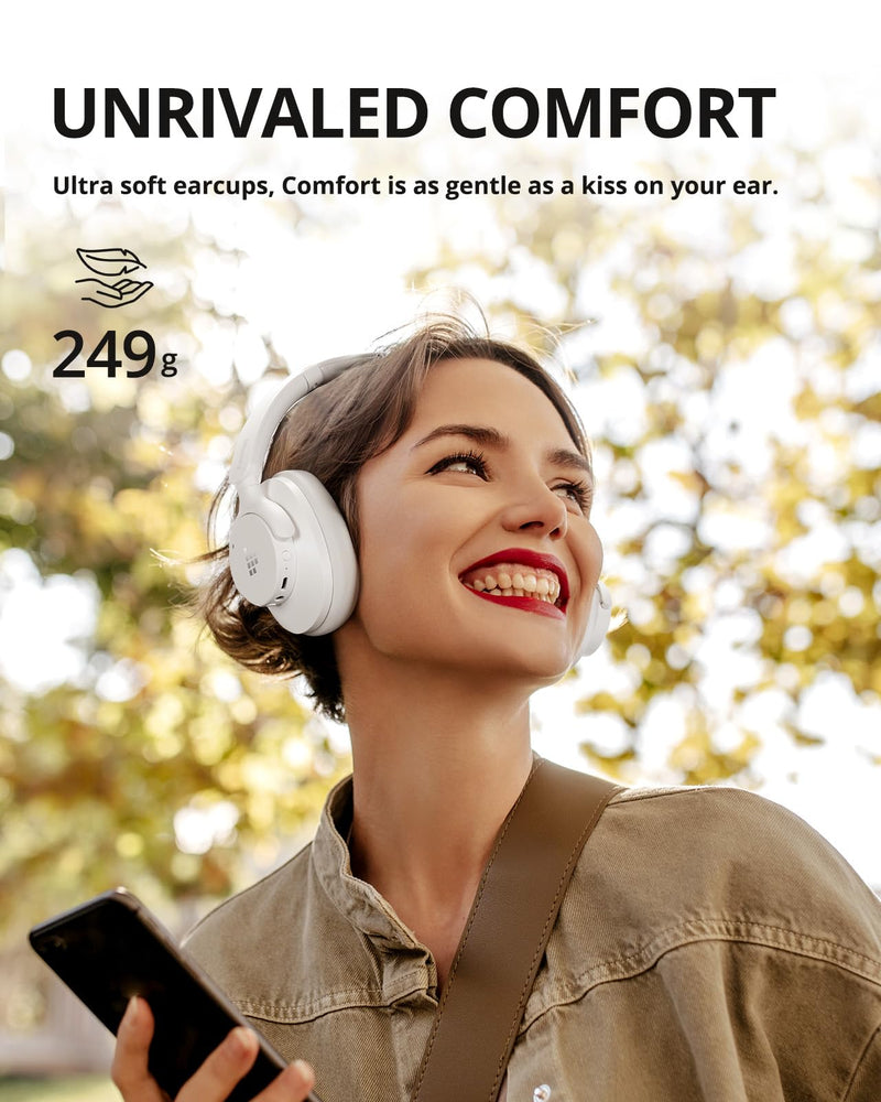 Tronsmart Q20S Hybrid Active Noise Cancelling Headphones, Wireless Over Ear Headphones with Mic, Hi-Res Audio, 60H Playtime, Deep Bass Custom EQ via App, Comfort Fit, for Travel Home Office White Style 2