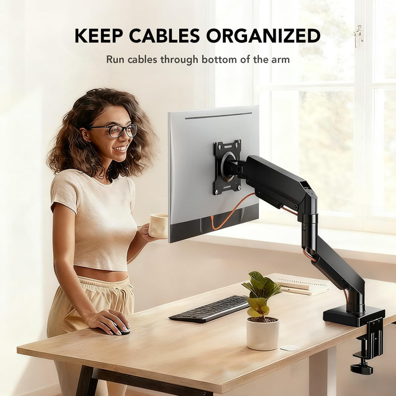 Single Monitor Mount, Gas Spring Arm for 17-32 inch Screens Adjustable Monitor Stand, Vesa Mount Stand with Clamp and Grommet Aluminum Base - Fits 4.4 to 22lbs LCD Computer Monitors HD09B-001 Single monitor arm