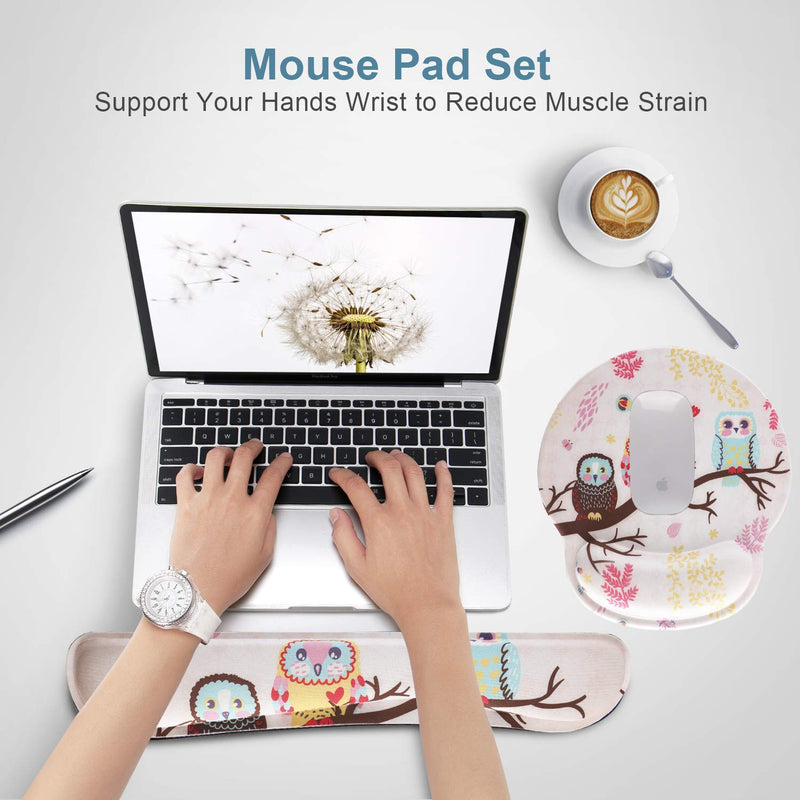 Keyboard Mouse Pad Wrist Rest, Gel Ergonomic Wrist Rest Support Mousepads Mat, Non Slip Rubber Base Wrist Support with Memory Foam for Laptop Computer Home Office Work, Durable & Comfortable, Cute Owl