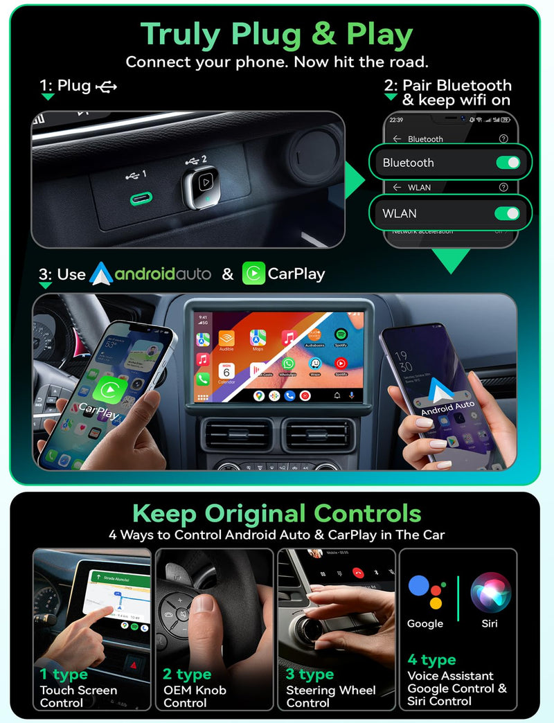 Wireless Carplay & Android Auto Adapter, Metal Design Mini & Stable 2-in-1 Dongle, Convert Vehicle's Wired CarPlay/AA to Wireless, for iOS 10+/Android 11+ & Cars from 2016 pearl gunmetal