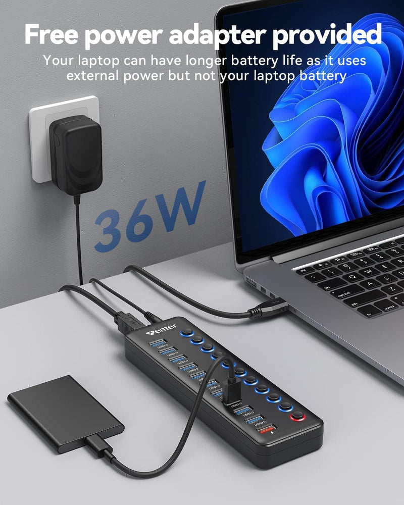 Powered USB Hub, Wenter 11-Port USB Splitter Hub (10 Faster Data Transfer Ports+ 1 Smart Charging Port) with Individual LED On/Off Switches, USB Hub 3.0 Powered with Power Adapter for Mac, PC 10 USB 3.0 ports + 1 Charging port