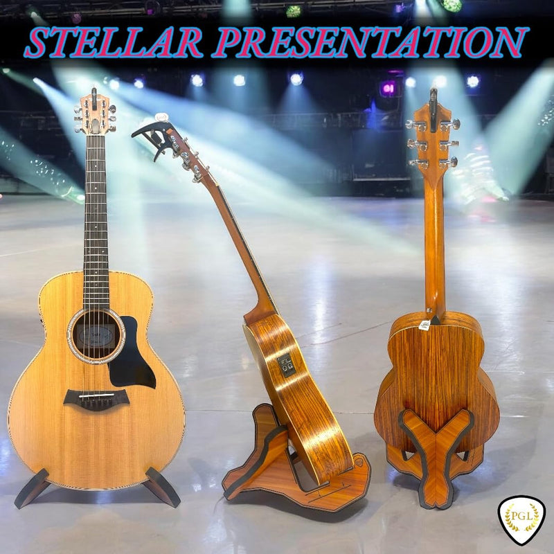 PGL Stepped Wooden Guitar Stand (Floor Stand) w/ Thicker EVA Protective Padding, Thicker Material, Electric Guitar Step, Acoustic Guitar Step, Concave Laser Engraved Diagram and Border, Universal Holder for Acoustic, Bass, Electric & Classical Guitars ...