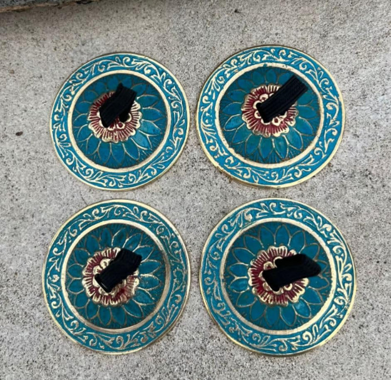 [AUSTRALIA] - 2 Pairs Brass Floral Finger Cymbals Zills for Belly Dancing (Turquoise) Turquoise 