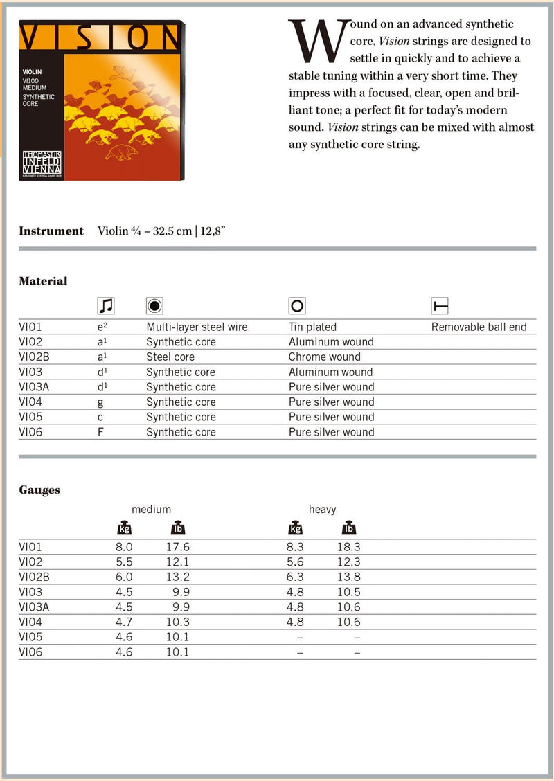 Thomastik Infeld Vienna Vision Violin Strings Set 4/4 Size VI100 1/16, 1/2, 1/4, 1/8, 3/4, 4/4