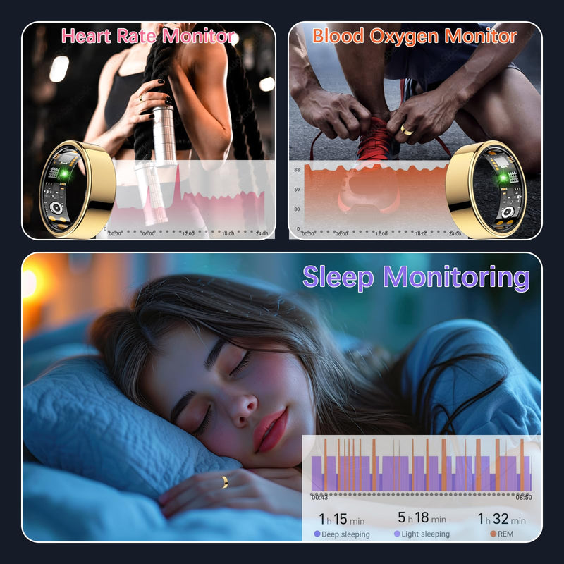 FKGZJF Smart Rings for Women Men, Fitness Ring with Heart Rate, Blood Oxygen, HRV, Stress, Sleep Tracker, Step Tracker, No Subscription Fee, lP68 Waterproof Smart Ring for iPhone & Android (Gold, 7#) Gold 7#