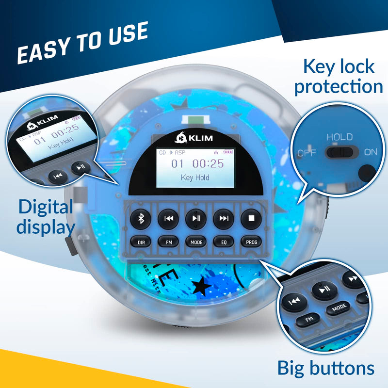 KLIM Nomad Transparent - New 2024 - Portable CD Player Walkman with Long-Lasting Battery - Includes Headphones - Radio FM - MP3 CD Player Portable - TF Card Radio FM Bluetooth - Ideal for Cars Clear