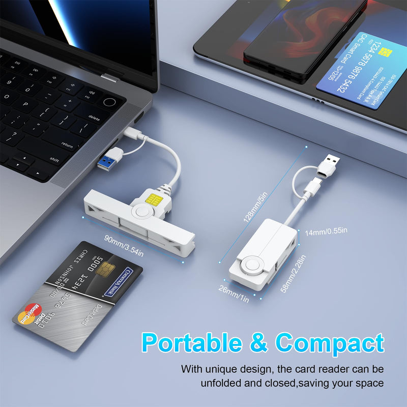 CAC Card Reader 2 in 1 USB/USB C Dual Connector, DOD Military USB Common Access CAC Reader Type C USB Smart Card Reader Compatible with Windows, Mac OS Mini Fold Plug and Play White