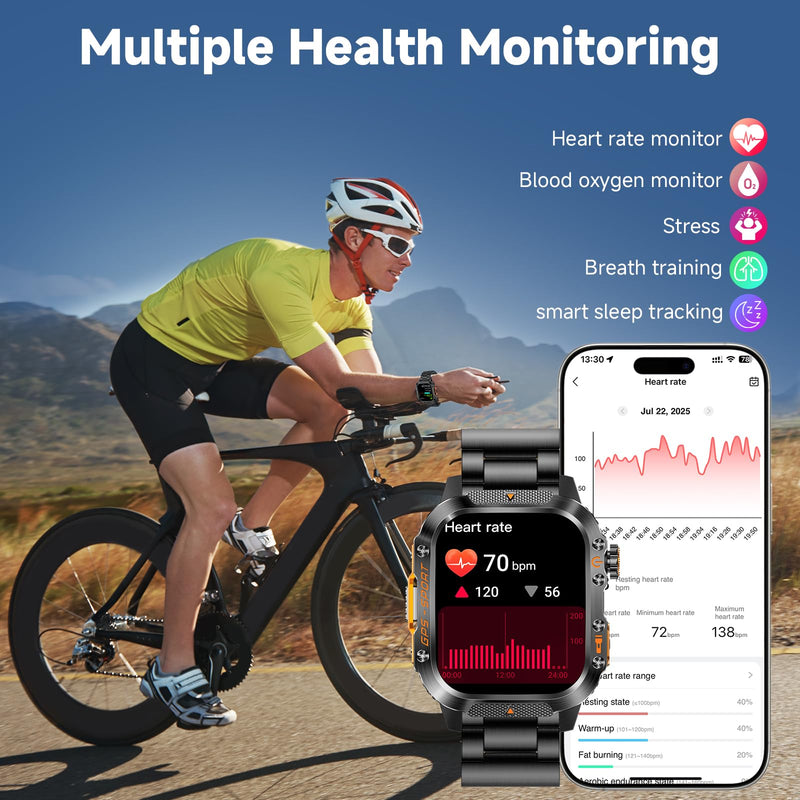GPS Smart Watch for Men (Answer/Make Calls), 2.01'' Military Rugged | Compass Smartwatch with 10-Day Battery, Heart Rate, Sleep Tracking, 100+ Sports Modes, 2 Straps