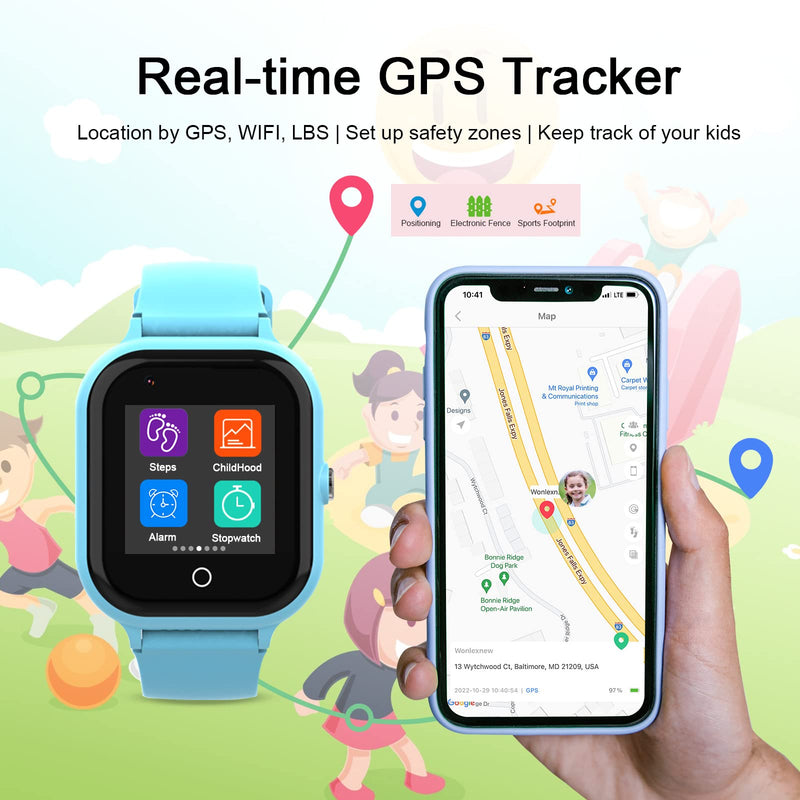 wonlex Kids Smart Watch with GPS Tracker and Calling, 4G Smartwatches Girls Boys with SIM Card SOS Camera Voice Video Call School Mode for Kids Children Aged 4-12 Birthday Gifts (Blue)
