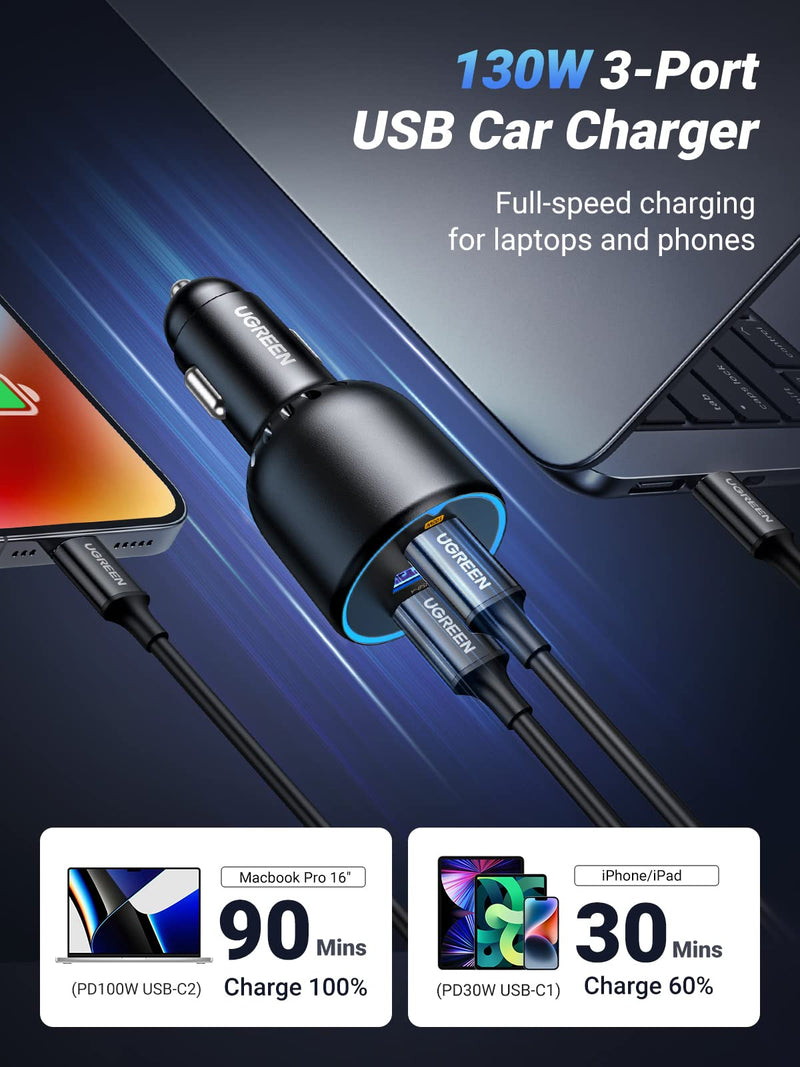 UGREEN Bundle: 130W USB-C Car Charger + 2x 100W USB-C Cables