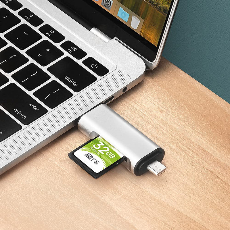 SD/Micro SD Memory Card Reader, BorlterClamp 3 in 1 Memory Card Reader with USB C Micro-USB OTG Adapter Compatible with PC, Laptop, MacBook, Tablet, Smartphone (Silver) silver