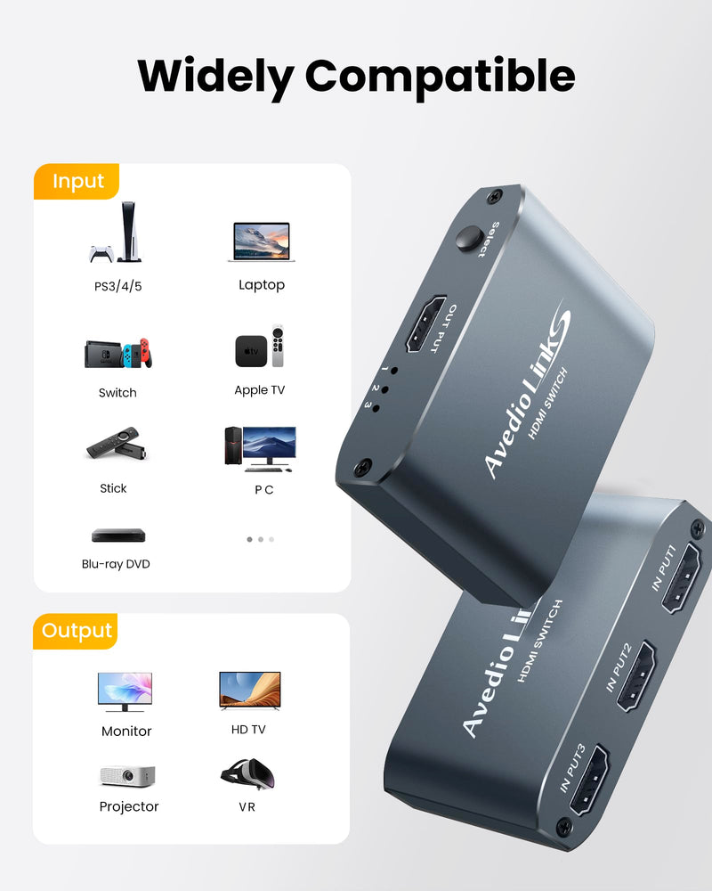 [AUSTRALIA] - HDMI Switch 3 in 1 Out 4K@60Hz Aluminum Alloy【with 4FT HDMI 2.0 Cable】, avedio links 3x1 HDMI Multi Port Switch, 3 Way HDMI Selector Switcher Support HDCP 2.2, HDR 10, for Fire TV Stick, PS5, PS4 Aluminum Alloy 4K@60Hz 3x1 Grey 