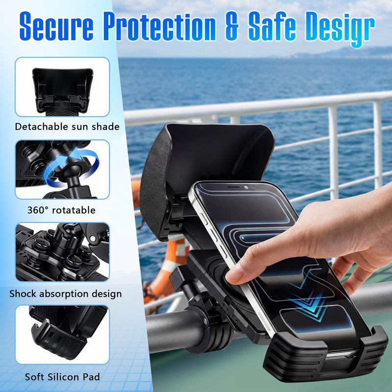 Tellegloww 1 Pack Boat Phone Holder, Crab Clamp, with Sunshade, Black | Crab Clamp Suction or Clip Mount, 360 Swivel Ball Joint Adjustable Angles, Sunshade Reduces Glare, Fits Boat Rails Kayak