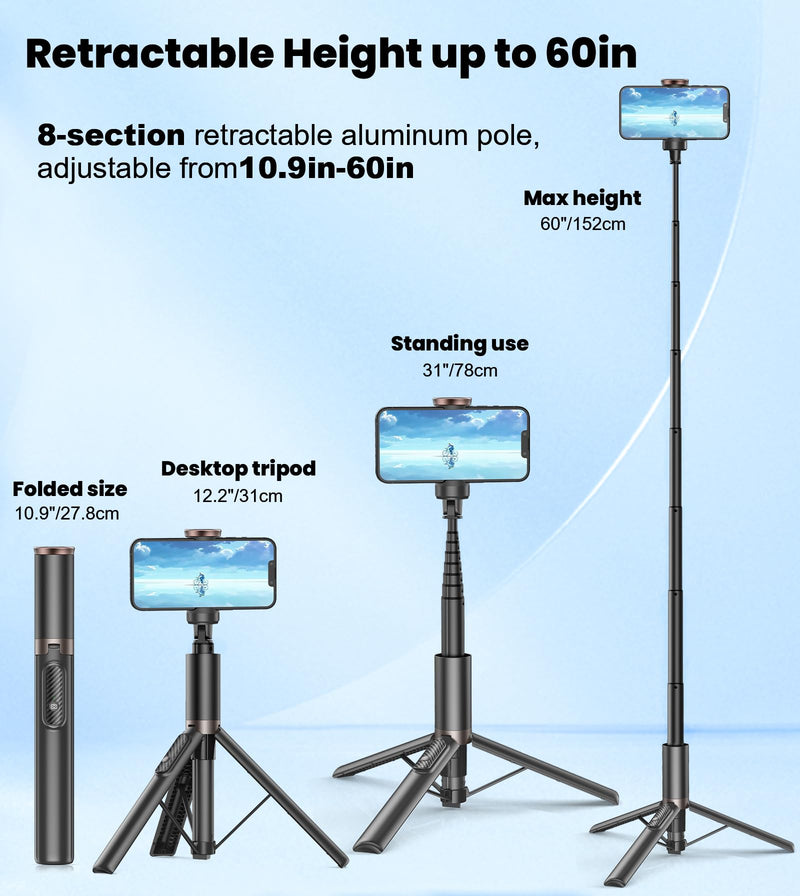 TONEOF Upgraded 60" Selfie Stick Tripod,All-in-1 Extendable Cell Phone Tripod Stand with Integrated Remote,360° Rotate Lightweight & Portable Tripod for 4-7 Inch iPhone Android/Video Recording/Travel