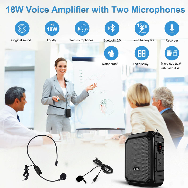 Voice Amplifier with Lapel Microphone/Microphone Headset-18W Waterproof Megaphone Speaker Pa System with 2 Mics, Bluetooth 5.0 Portable Microphone and Speaker for Teachers Elderly Tour Guide 800Plus Black-wired