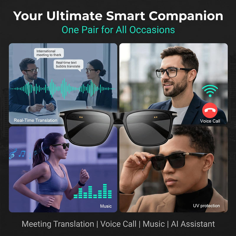 XUV Smart Glasses for Men, IP65 Waterproof Al Translator Glasses with Lightweight Open, Real-Time Translation, Recording Glasses for Travel, Sports, Outdoor and Hands-Free Daily Use Black Pro