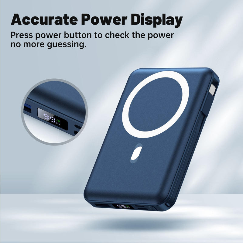 Yiisonger for Magsafe Battery Pack - 10000mAh Portable Charger for Mag-Safe 22.5W PD Fast Charging with Built-in Cables LED Display, Magnetic Power Bank for iPhone 16/15/14/13/12/Pro/Mini/Pro Max Blue