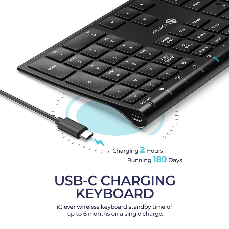 iClever GK20 2.4G Wireless Keyboard, USB-C Rechargeable Stainless Steel Ultra Slim Full Size Keyboard with Numeric Keypad for Windows 7/8/10, Mac, Chromes OS, iMac, MacBook Air/Pro, Laptop, Desktop PC Black