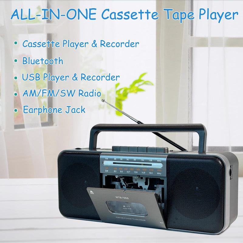 Portable Cassette Tape Player Recorder,AM/FM/SW Radio Stereo with Bluetooth,USB/SD, Big 10W Speaker,Record to Cassette/U Disk/SD Card via Mic, MP3 Converter, Earphone Jack,AC/DC Powered Black
