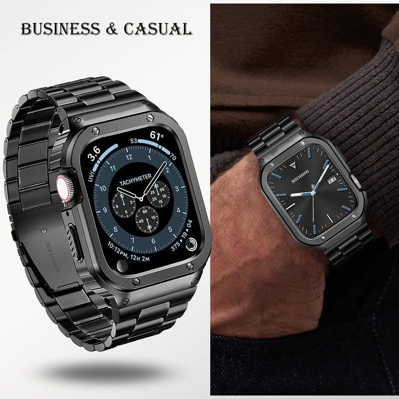MioHHR Stainless Steel Band and Case Compatible with Apple Watch Band 45mm | Men Metal Protective Bumper Cover with Straps for iWatch 45mm Series 9/8/7, Black 45mm(Series 9/8/7)