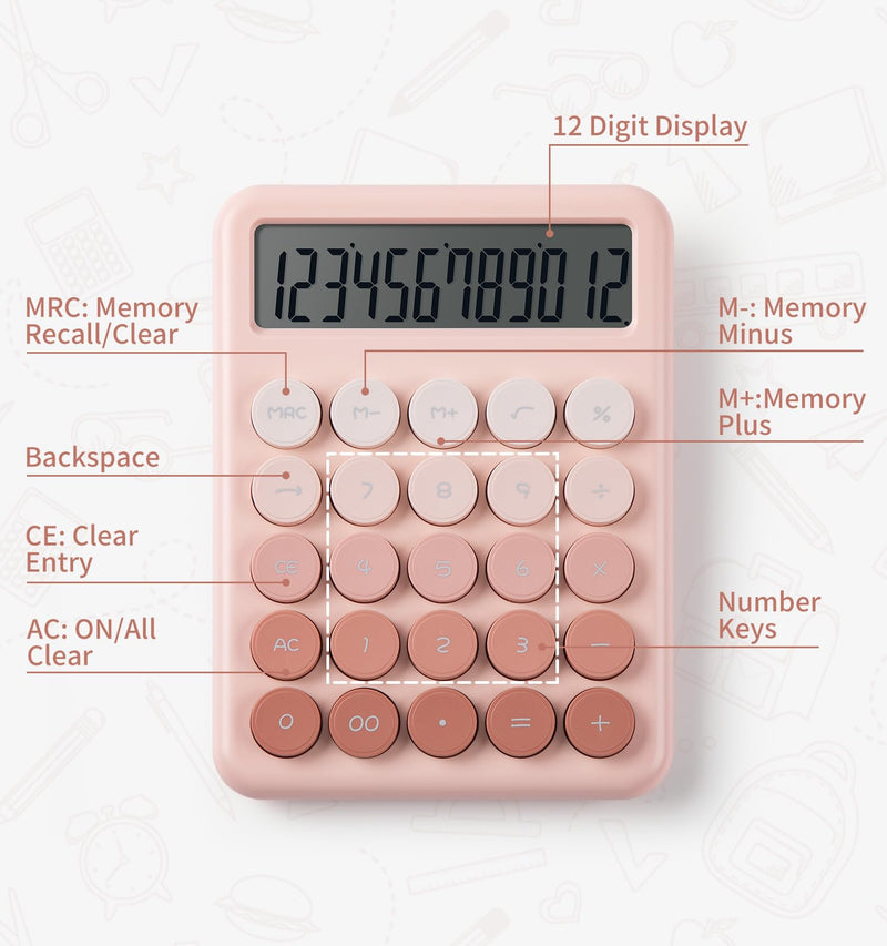 Calculator, Desk Calculators, Cute Pink Calculator, 12 Digit with Large LCD Display, Basic Standard Calculator, Big Button, Aesthetic Calculator, Mechanical Calculator for Office School