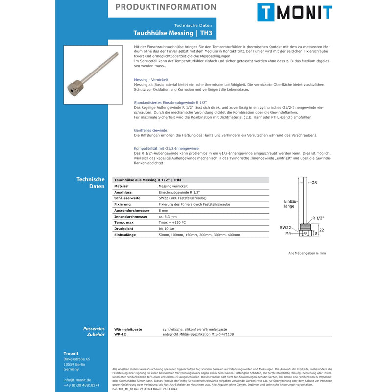 Tmonit - Immersion Sleeve Nickel-Plated Brass | 1/2 Inch | 100 mm Installation Length | for Temperature Sensor, Cable Sensor Heating