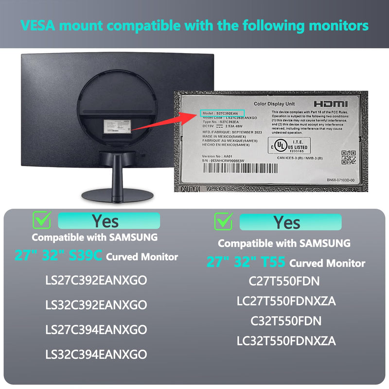 S39C VESA Adapter Compatible with Samsung 27" 32" S39C T55 Monitor | S27C392EAN Mount Adapter C27T550FDN VESA Adapter for LC27T550FDNXZA, LS27C394EANXGO, LS27C392EANXGO, LS32C392EANXGO Monitor）