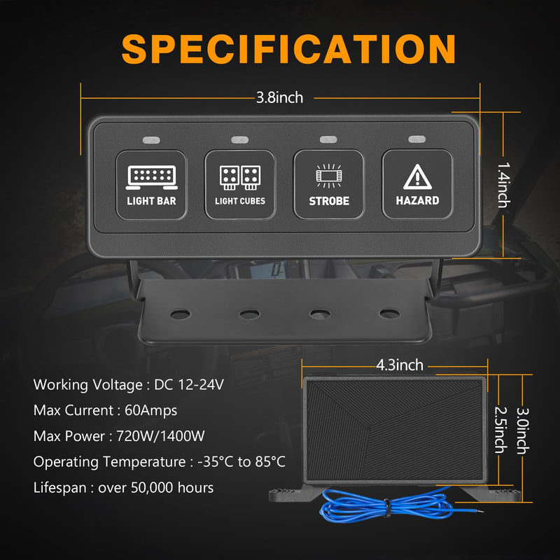 Wireless 4 Gang Switch Panel, Muto-Beam Multifunction Remote Control Switch Panel Auxiliary Universal Circuit Control Box with 4 Modes Strobe Memory Relay System for Truck SXS UTV ATV Car RV Boat wireless 4 gang